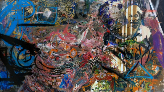 “Šri Juktesvaras susitinka su Babadžiu” 191×113 cm Tentas, akrilas 2017-2020
